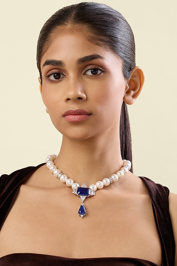 White Rhodium Finish Crystal Zirconia & Sapphire Stone Necklace by Isharya at Pernia's Pop Up Shop