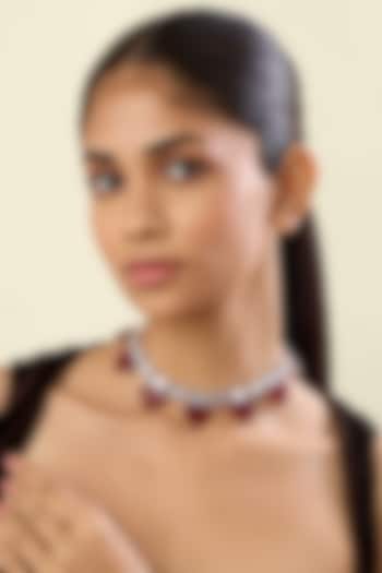 White Rhodium Finish Crystal Zirconia & Ruby Stone Necklace by Isharya at Pernia's Pop Up Shop
