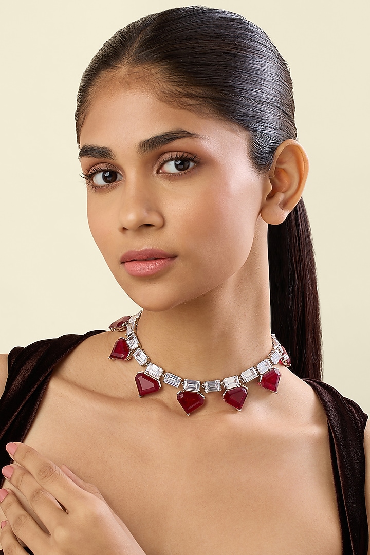 White Rhodium Finish Crystal Zirconia & Ruby Stone Necklace by Isharya at Pernia's Pop Up Shop