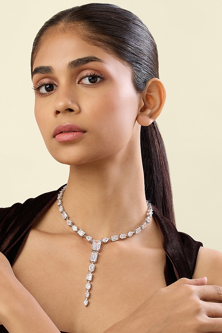 White Rhodium Finish Crystal Zirconia Long Necklace by Isharya at Pernia's Pop Up Shop