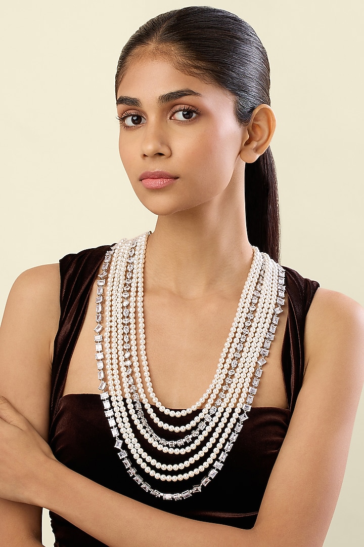 White Rhodium Finish Crystal Zirconia Long Necklace by Isharya at Pernia's Pop Up Shop