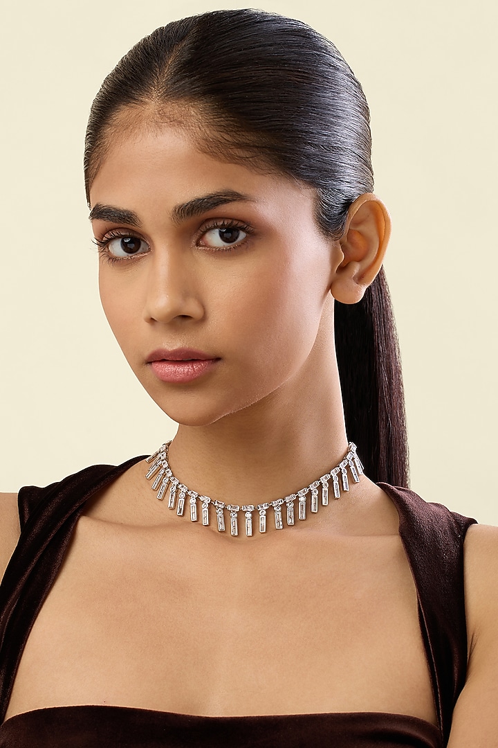 White Rhodium Finish Crystal Zirconia Choker Necklace by Isharya at Pernia's Pop Up Shop