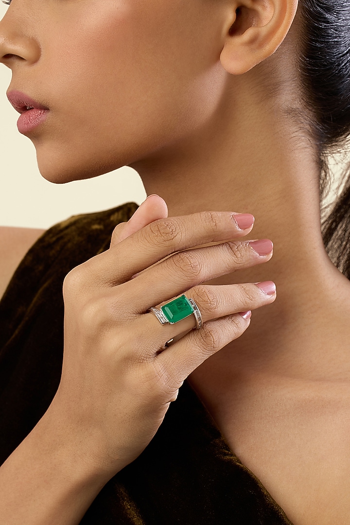 White Rhodium Finish Crystal Zirconia & Emerald Stone Ring by Isharya at Pernia's Pop Up Shop