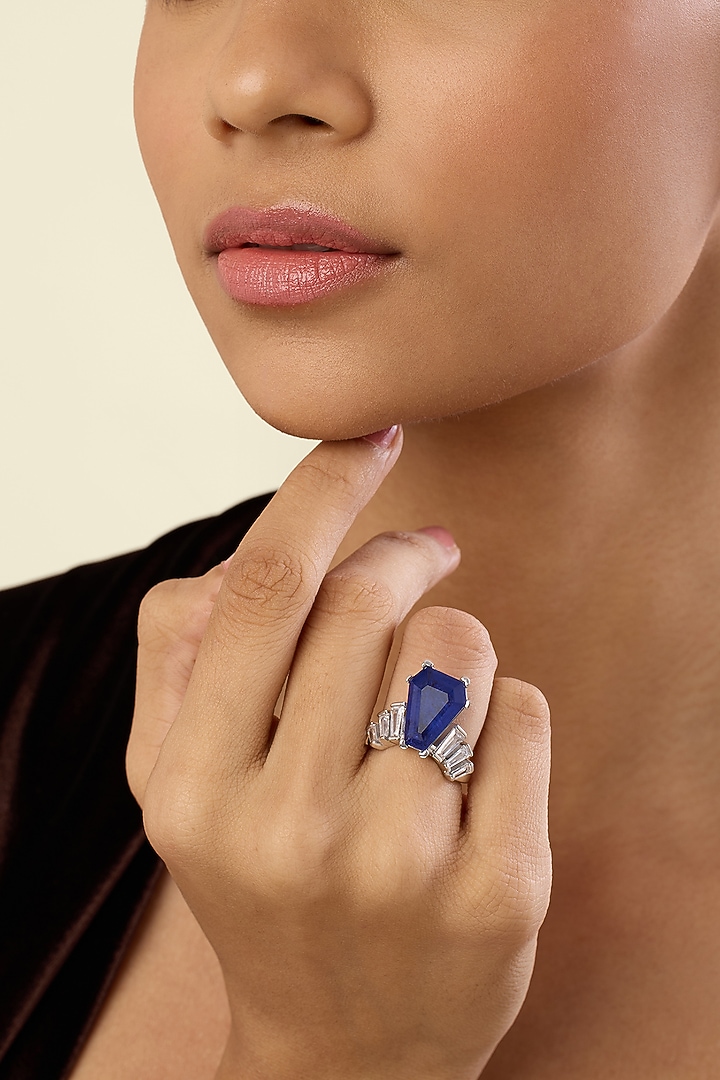 White Rhodium Finish Crystal Zirconia & Sapphire Stone Ring by Isharya at Pernia's Pop Up Shop