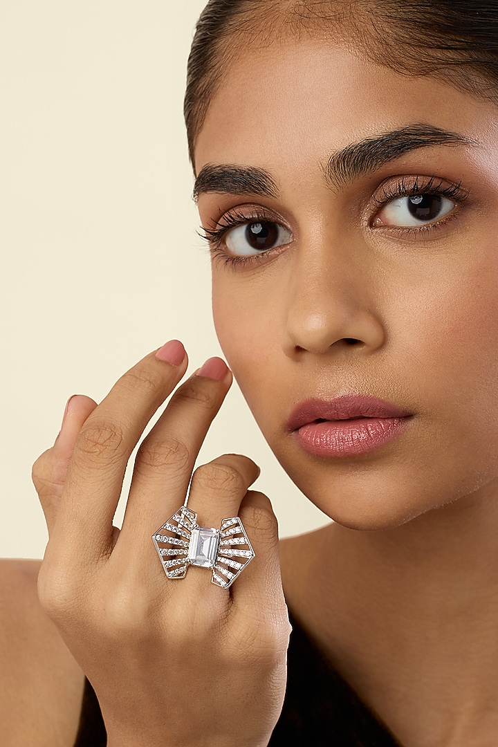 White Rhodium Finish Crystal Zirconia Ring by Isharya at Pernia's Pop Up Shop