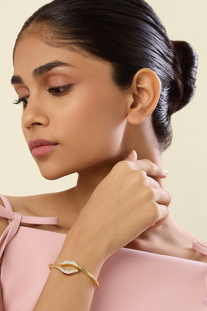 Gold Plated Crystal Zirconia Red Enameled Handcrafted Cuff Bracelet by Isharya at Pernia's Pop Up Shop