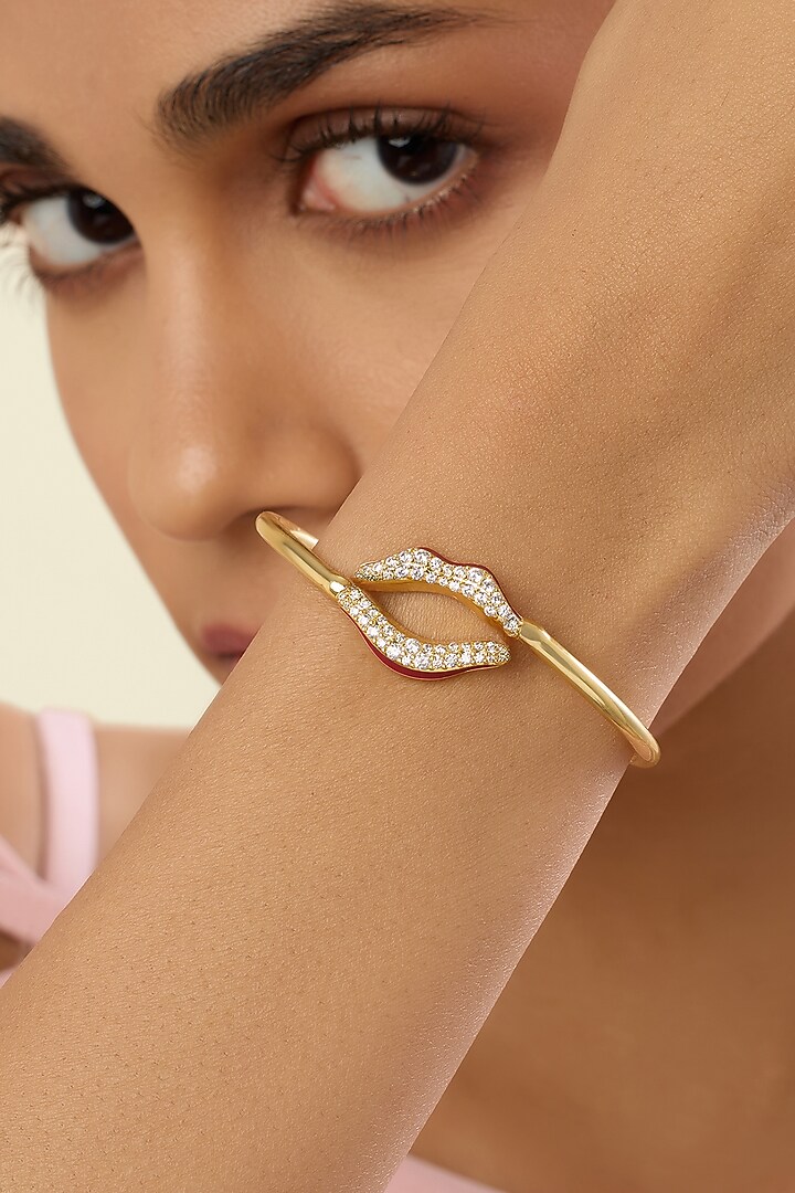 Gold Plated Crystal Zirconia Red Enameled Handcrafted Cuff Bracelet by Isharya at Pernia's Pop Up Shop
