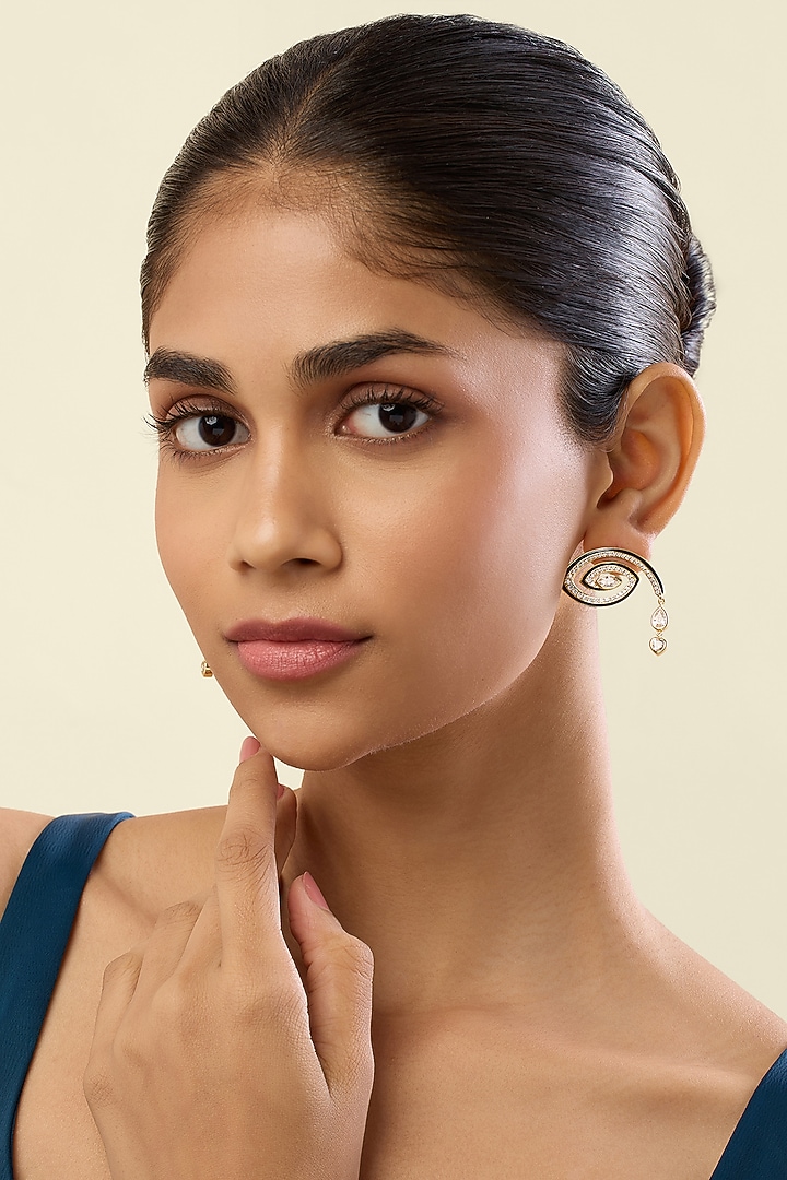 Gold Plated Crystal Zirconia Black Enameled Stud Earrings by Isharya at Pernia's Pop Up Shop