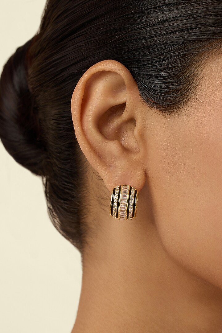 Gold Plated Crystal Zirconia White Enameled Hoop Earrings by Isharya at Pernia's Pop Up Shop