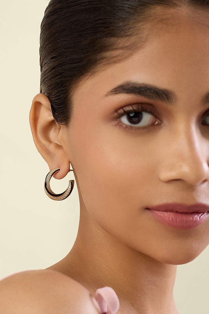 Gold Plated Crystal Zirconia Black Enameled Hoop Earrings by Isharya at Pernia's Pop Up Shop