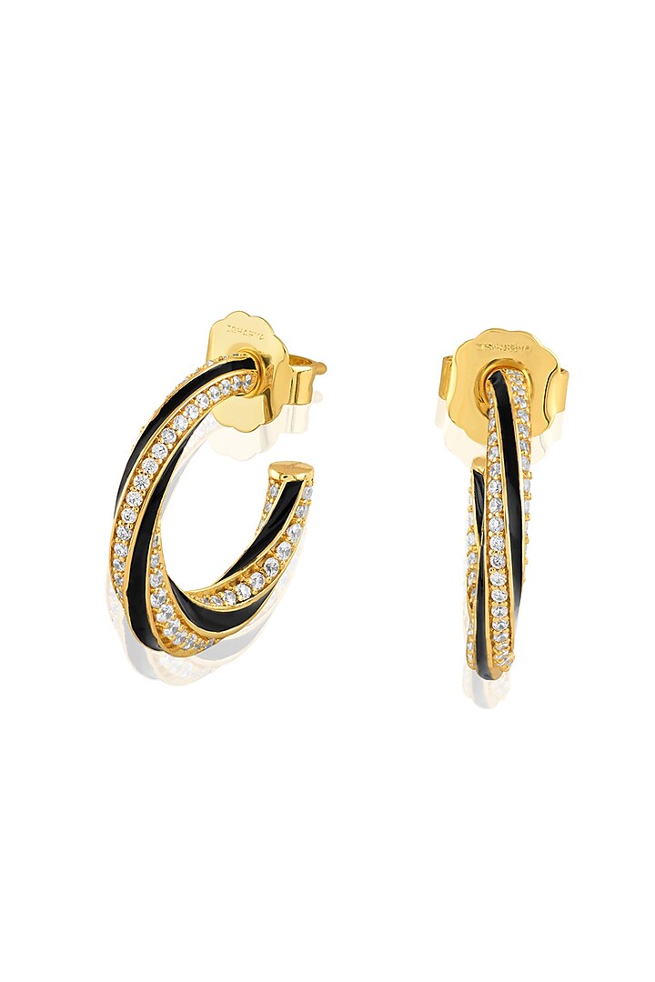 Gold Plated Crystal Zirconia Black Enameled Hoop Earrings by Isharya at Pernia's Pop Up Shop