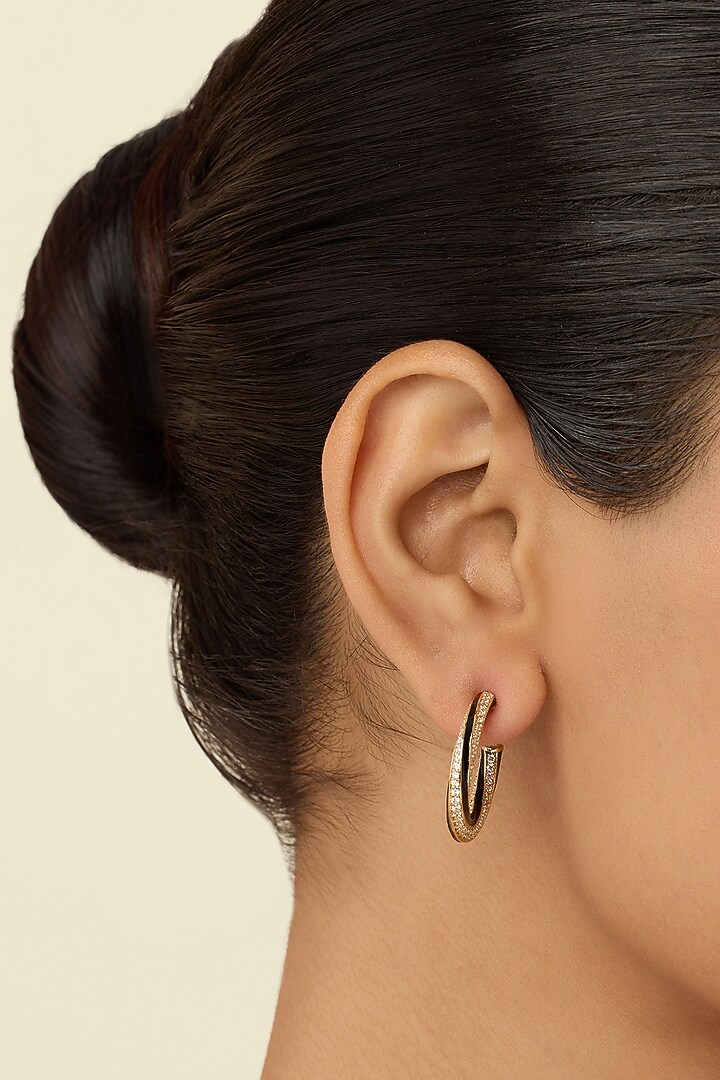 Gold Plated Crystal Zirconia Black Enameled Hoop Earrings by Isharya at Pernia's Pop Up Shop