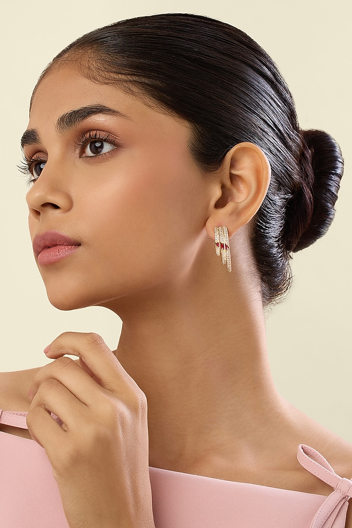 Gold Plated Crystal Zirconia Red Enameled Hoop Earrings by Isharya at Pernia's Pop Up Shop