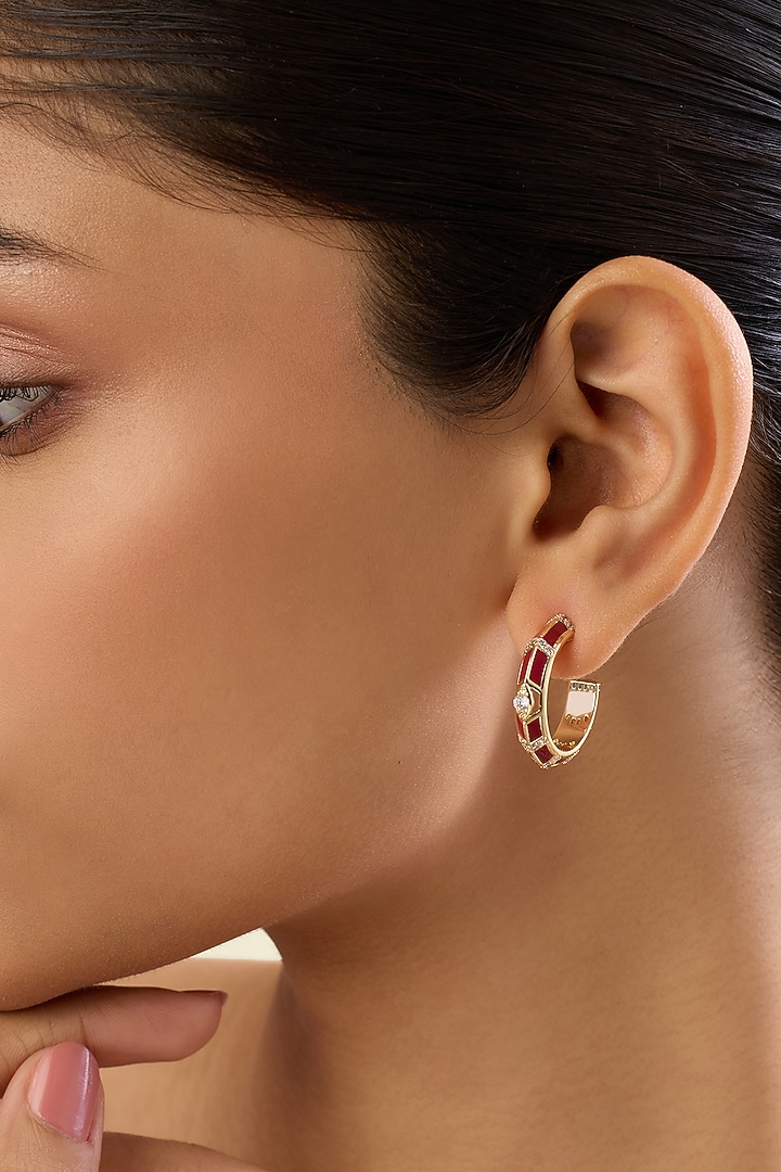 Gold Plated Crystal Zirconia Red Enameled Hoop Earrings by Isharya at Pernia's Pop Up Shop