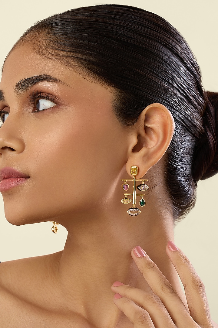 Gold Plated Crystal Zirconia Multi-Colored Enameled Dangler Earrings by Isharya at Pernia's Pop Up Shop