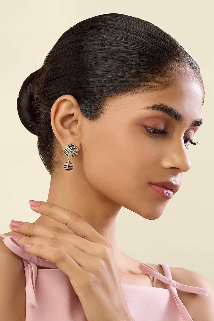 Gold Plated Crystal Zirconia Multi-Colored Enameled Dangler Earrings by Isharya at Pernia's Pop Up Shop