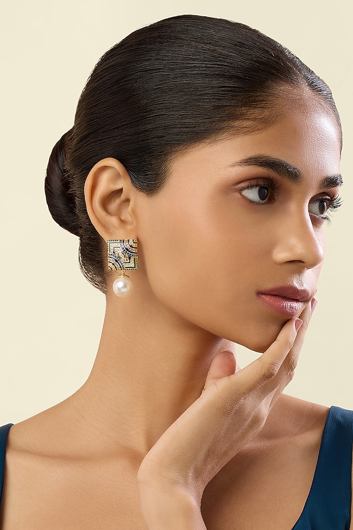 Gold Plated Crystal Zirconia Multi-Colored Enameled Dangler Earrings by Isharya at Pernia's Pop Up Shop