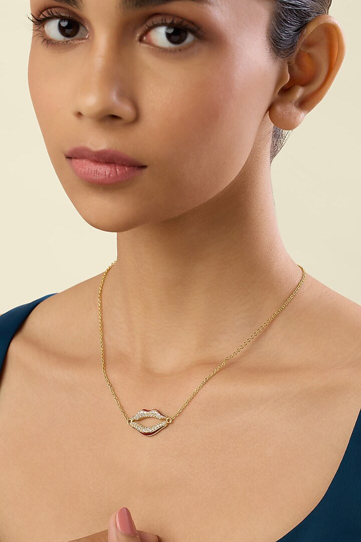 Gold Plated Crystal Zirconia Enameled Lip Pendant Necklace by Isharya at Pernia's Pop Up Shop