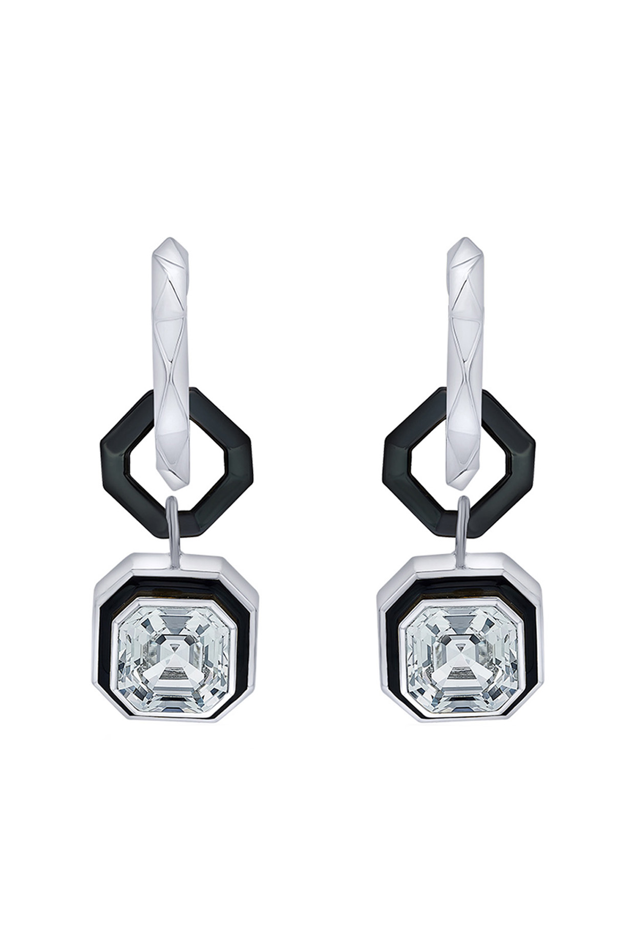 Black Rhodium Finish White Crystal Enameled Dangler Earrings by Isharya