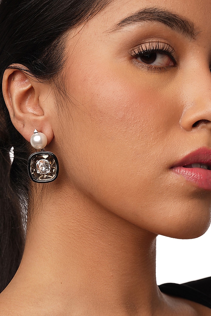 Black Rhodium Finish White Crystal & Pearl Enameled Dangler Earrings by Isharya
