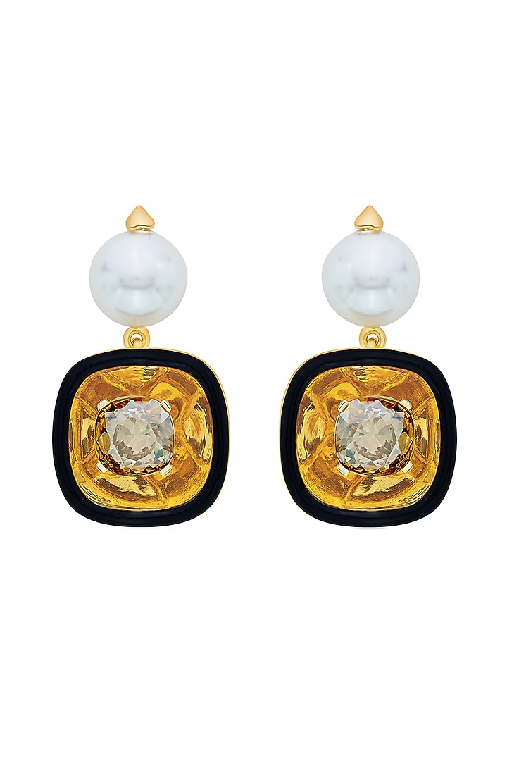 Gold Plated Crystal & Pearl Enameled Dangler Earrings by Isharya at Pernia's Pop Up Shop