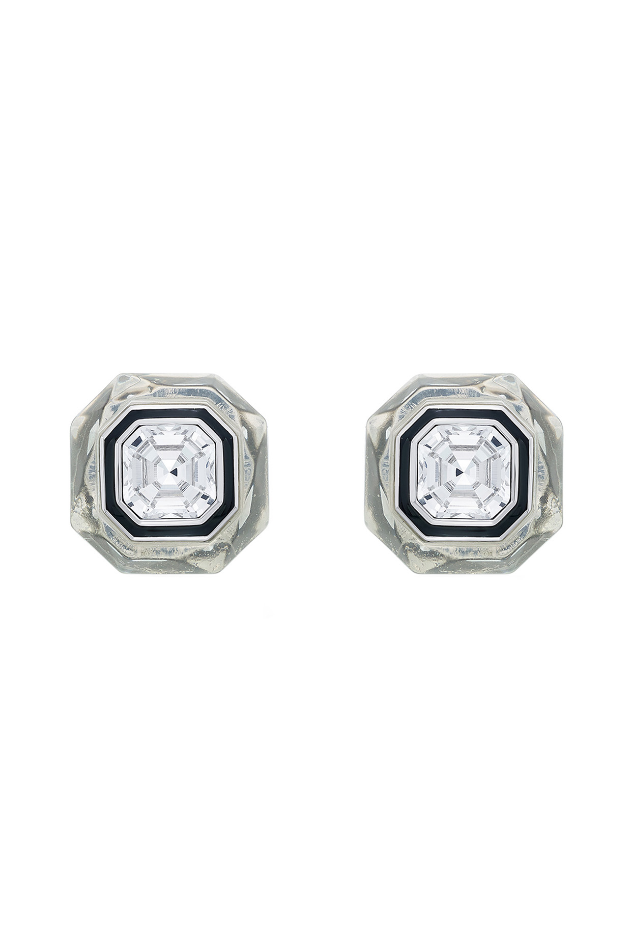Black Rhodium Finish White Crystal Enameled Stud Earrings by Isharya