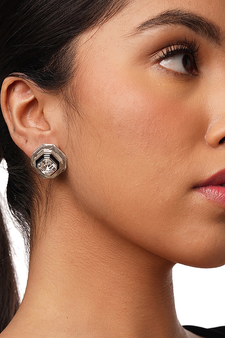Black Rhodium Finish White Crystal Enameled Stud Earrings by Isharya