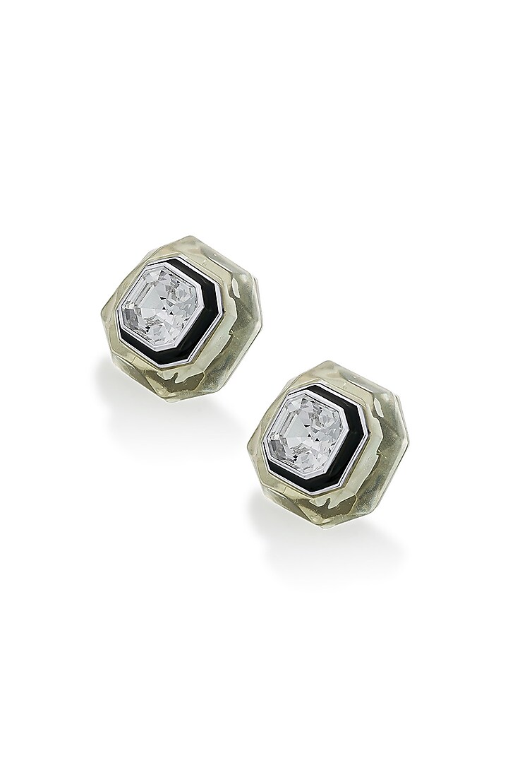 Black Rhodium Finish White Crystal Enameled Stud Earrings by Isharya at Pernia's Pop Up Shop