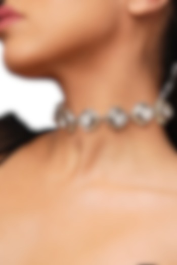 Black Rhodium Finish White Crystal Enameled Choker Necklace by Isharya