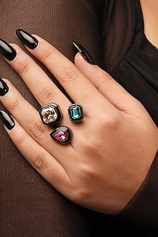 Black Multi-Colored Crystal Ring by Isharya
