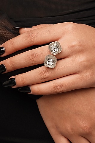 Black Rhodium Finish White Crystal Open Ring by Isharya