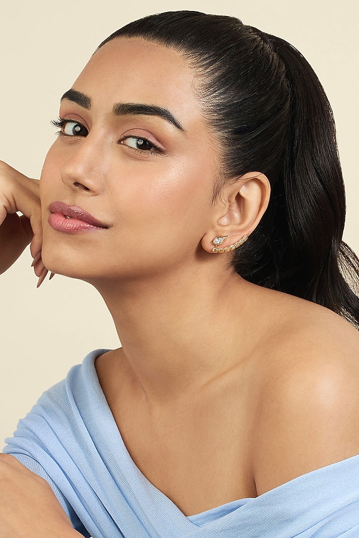 Gold Plated Mirror Tennis Front-Back Stud Earrings by Isharya at Pernia's Pop Up Shop
