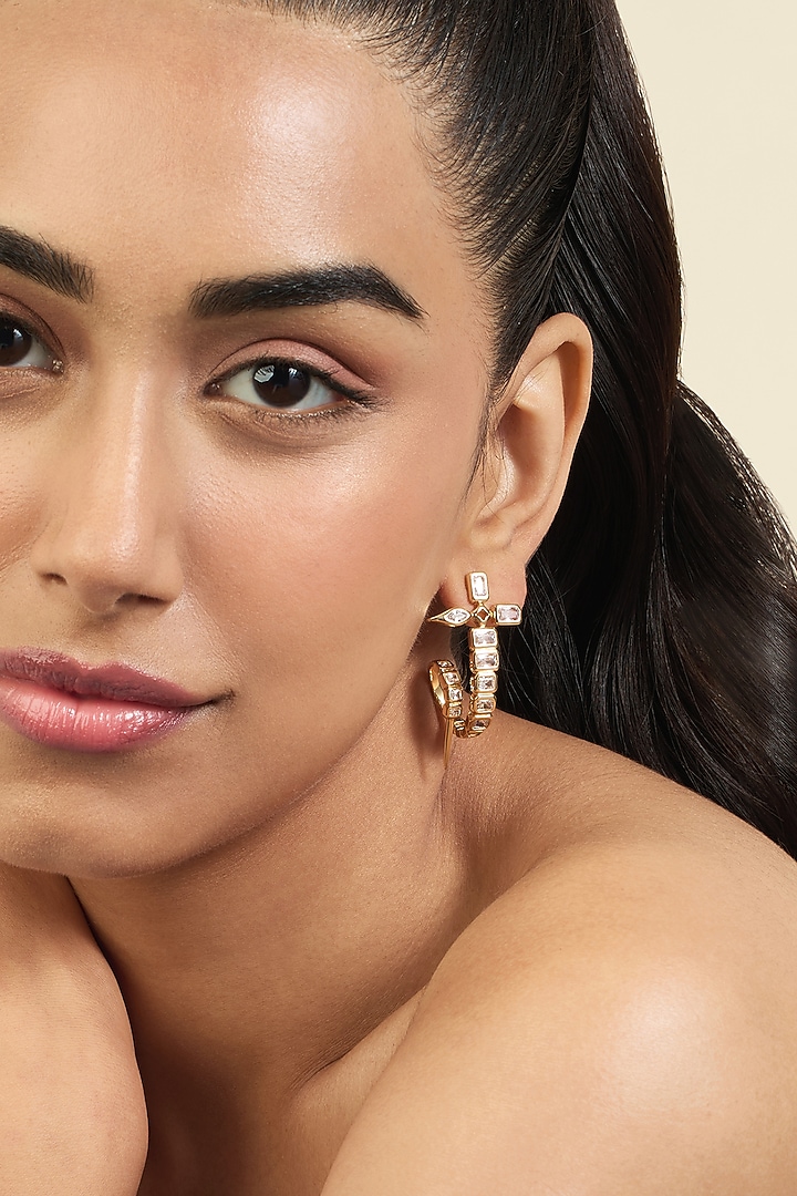 Gold Plated Mirror Tennis Twisted Sword Dangler Earrings by Isharya at Pernia's Pop Up Shop