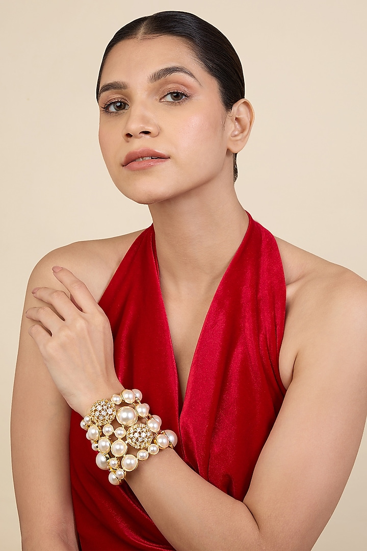 Gold Plated White Crystal & Pearl Open Cuff by Isharya at Pernia's Pop Up Shop