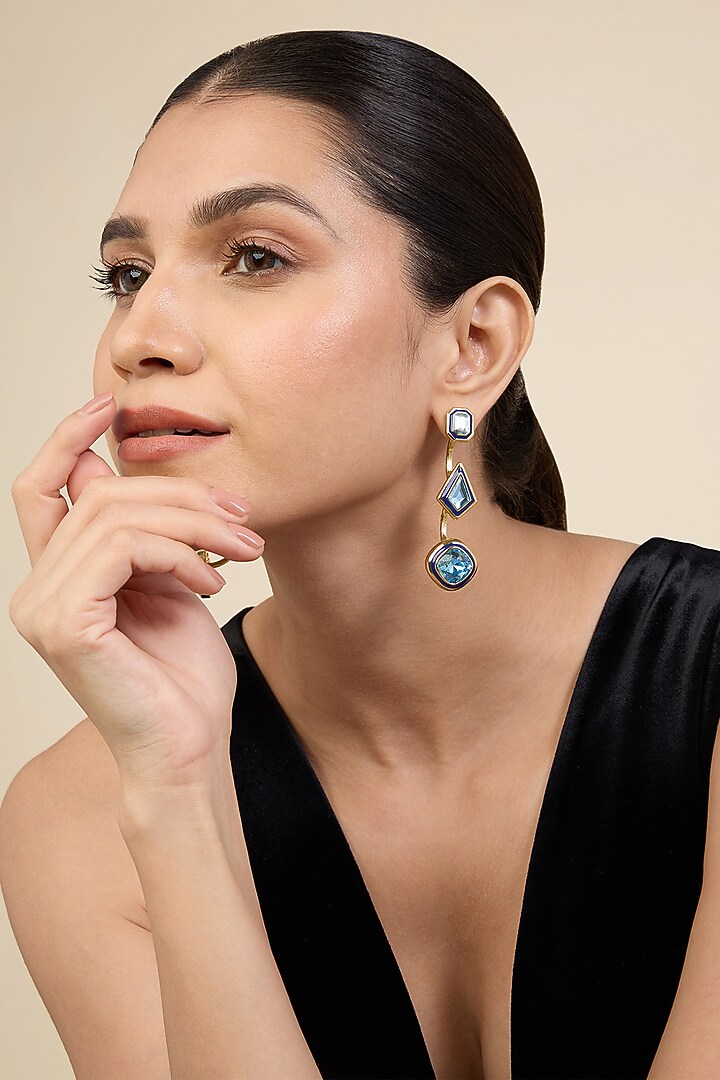 Gold Plated Aquamarine Crystal Enameled Dangler Earrings by Isharya at Pernia's Pop Up Shop