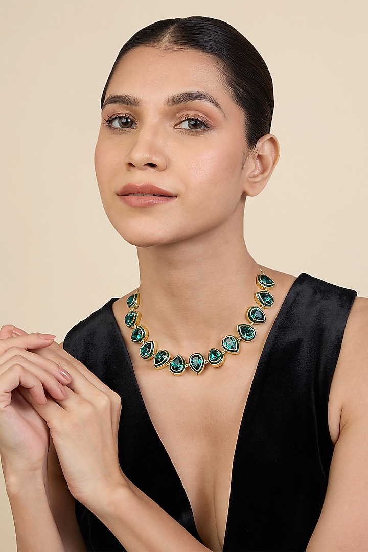 Gold Plated Green Crystal Enameled Choker Necklace by Isharya at Pernia's Pop Up Shop