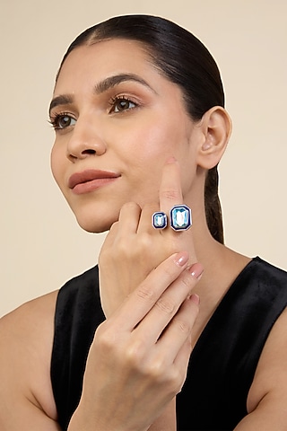 Gold Plated Aquamarine Crystal Enameled Front-Open Ring by Isharya