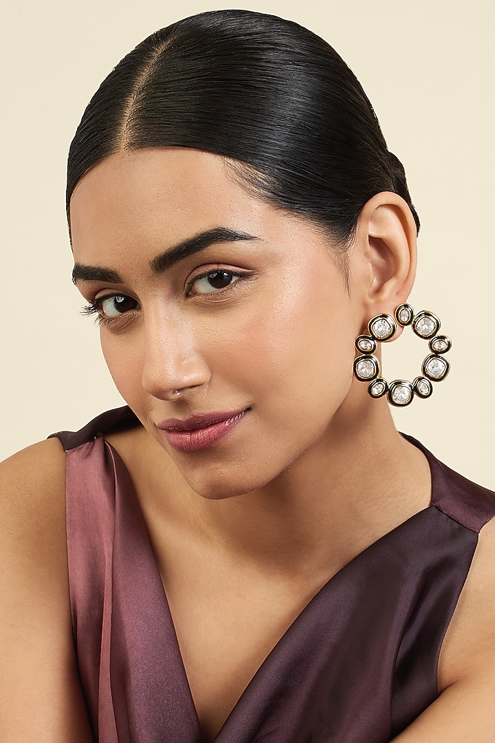 Gold Plated White Crystal Enameled Stud Earrings by Isharya at Pernia's Pop Up Shop