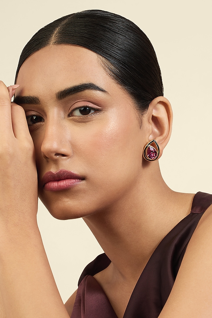 Gold Plated Amethyst Purple Crystal Enameled Stud Earrings by Isharya at Pernia's Pop Up Shop