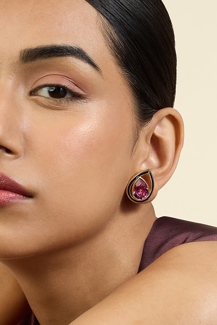 Gold Plated Amethyst Purple Crystal Enameled Stud Earrings by Isharya at Pernia's Pop Up Shop