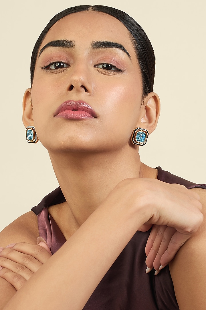 Gold Plated Aquamarine Crystal Enameled Stud Earrings by Isharya at Pernia's Pop Up Shop