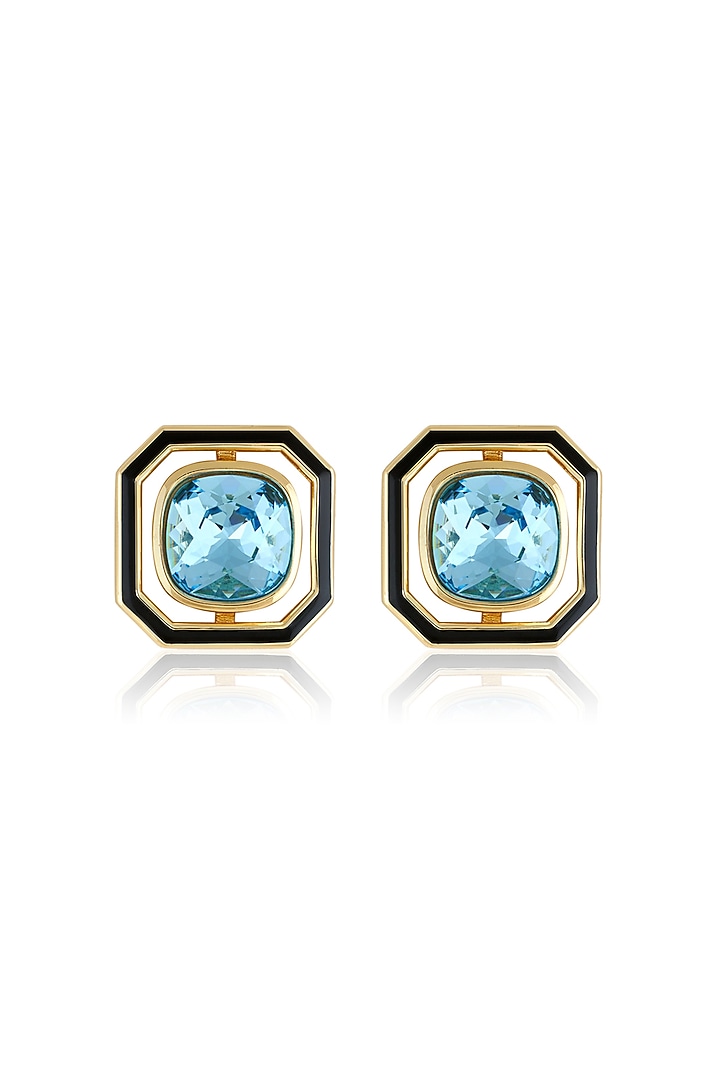 Gold Plated Aquamarine Crystal Enameled Stud Earrings by Isharya at Pernia's Pop Up Shop