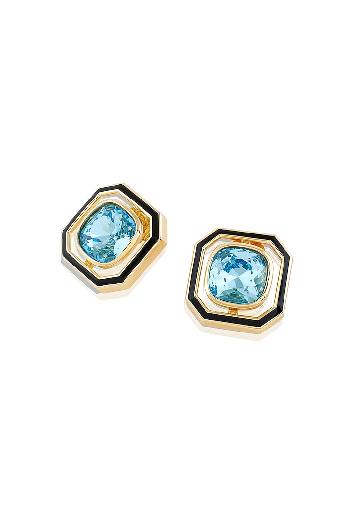Gold Plated Aquamarine Crystal Enameled Stud Earrings by Isharya at Pernia's Pop Up Shop