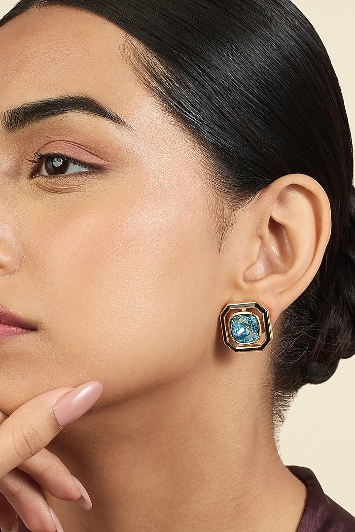 Gold Plated Aquamarine Crystal Enameled Stud Earrings by Isharya at Pernia's Pop Up Shop