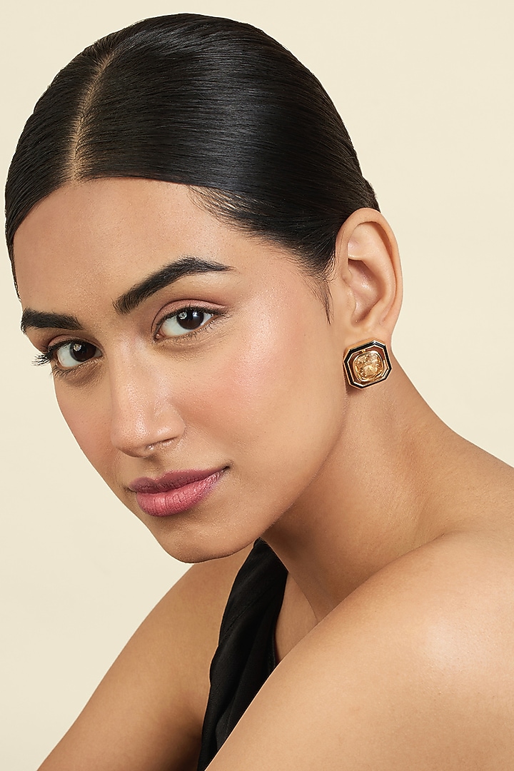 Gold Plated Mocha Mousse Crystal Enameled Stud Earrings by Isharya at Pernia's Pop Up Shop