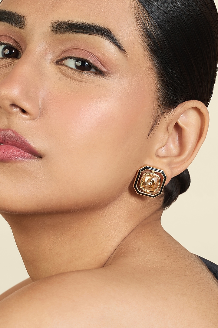 Gold Plated Mocha Mousse Crystal Enameled Stud Earrings by Isharya at Pernia's Pop Up Shop