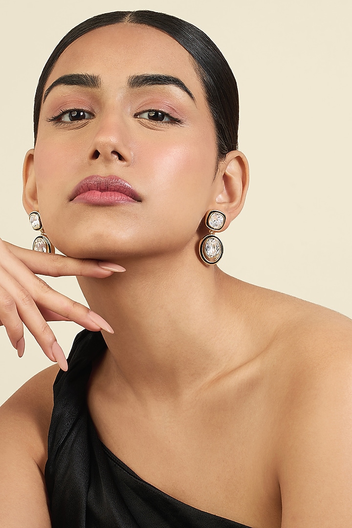 Gold Plated White Crystal Enameled Dangler Earrings by Isharya at Pernia's Pop Up Shop