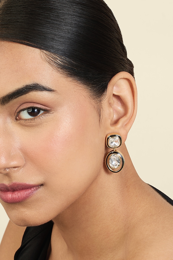 Gold Plated White Crystal Enameled Dangler Earrings by Isharya at Pernia's Pop Up Shop