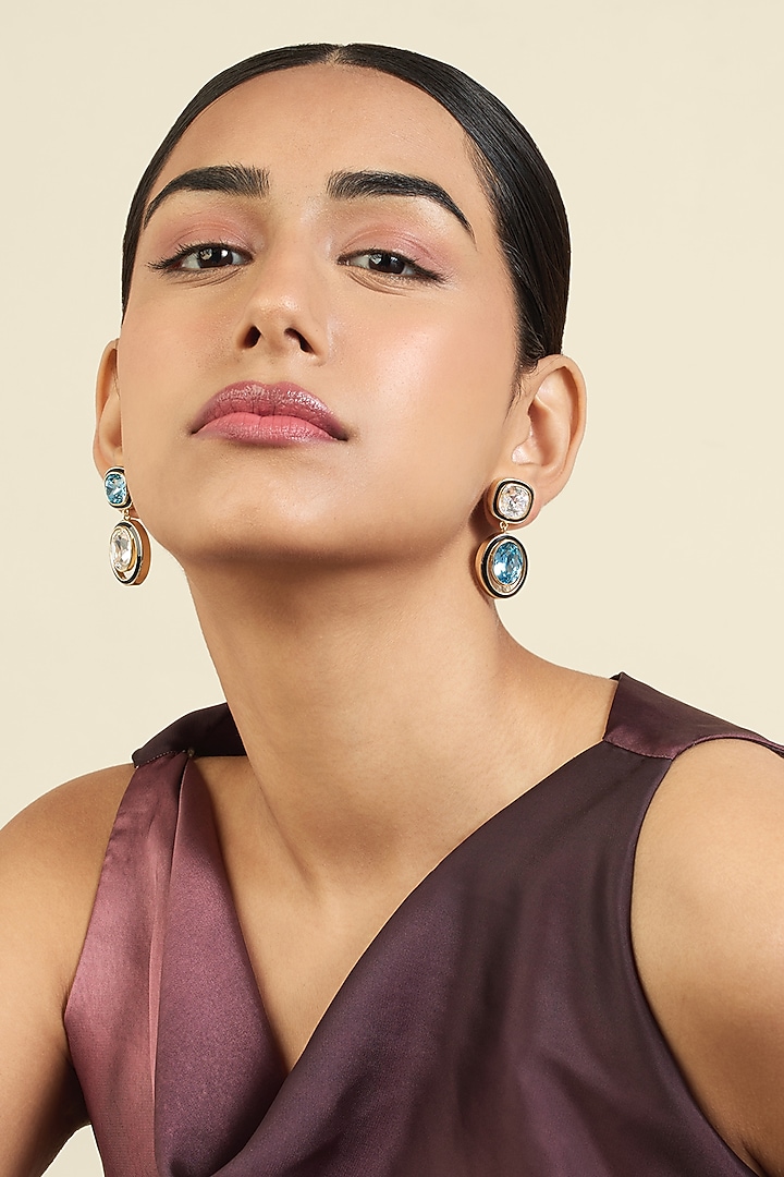 Gold Plated Aquamarine Crystal Enameled Dangler Earrings by Isharya at Pernia's Pop Up Shop