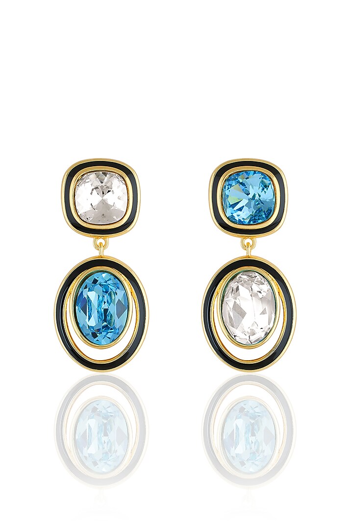 Gold Plated Aquamarine Crystal Enameled Dangler Earrings by Isharya at Pernia's Pop Up Shop